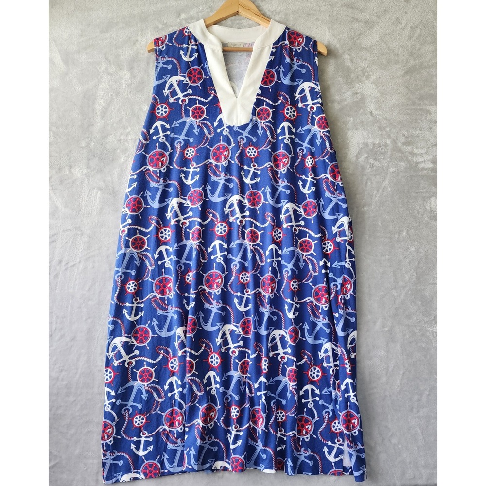 Talbots Woman 3X Nautical Anchor Ship Wheel Sleeveless Knit Shift Dress Blue Red